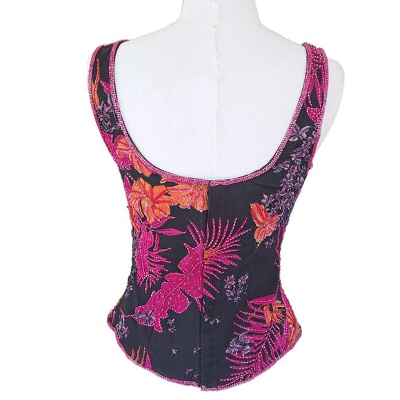 ANDRETTA DONATELLO Silk Beaded Tropical Floral Sleeveless Top Small Black Pink - Picture 2 of 9